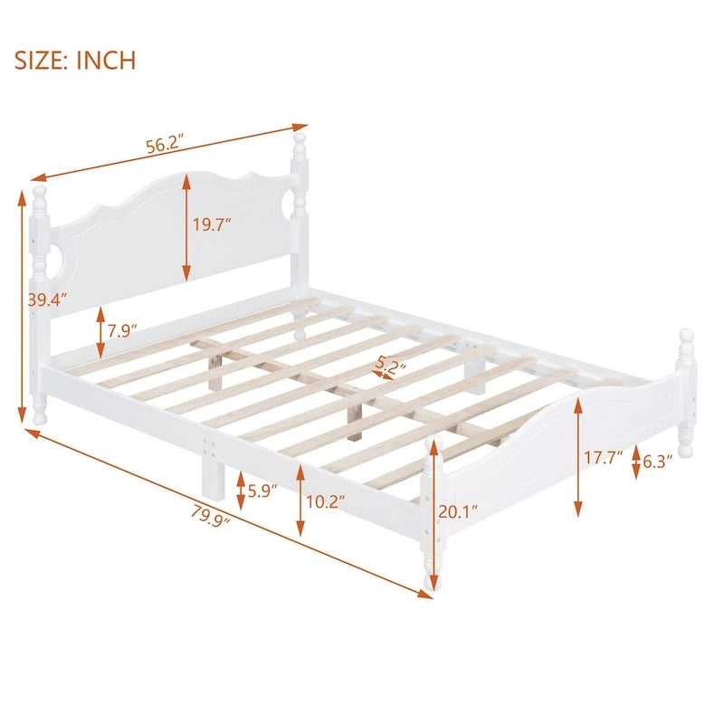 Base de cama de plataforma de madera retro blanca de tamaño matrimonial con cabecera, individual