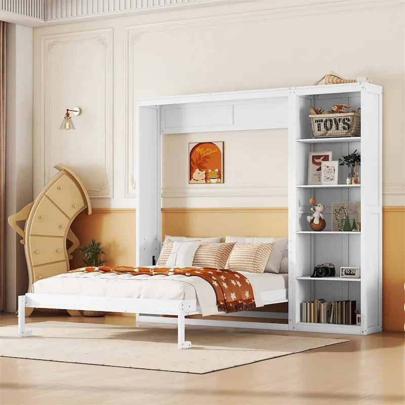 Cama de pared abatible gris/blanca de tamaño completo con estantes laterales, cama armario individual