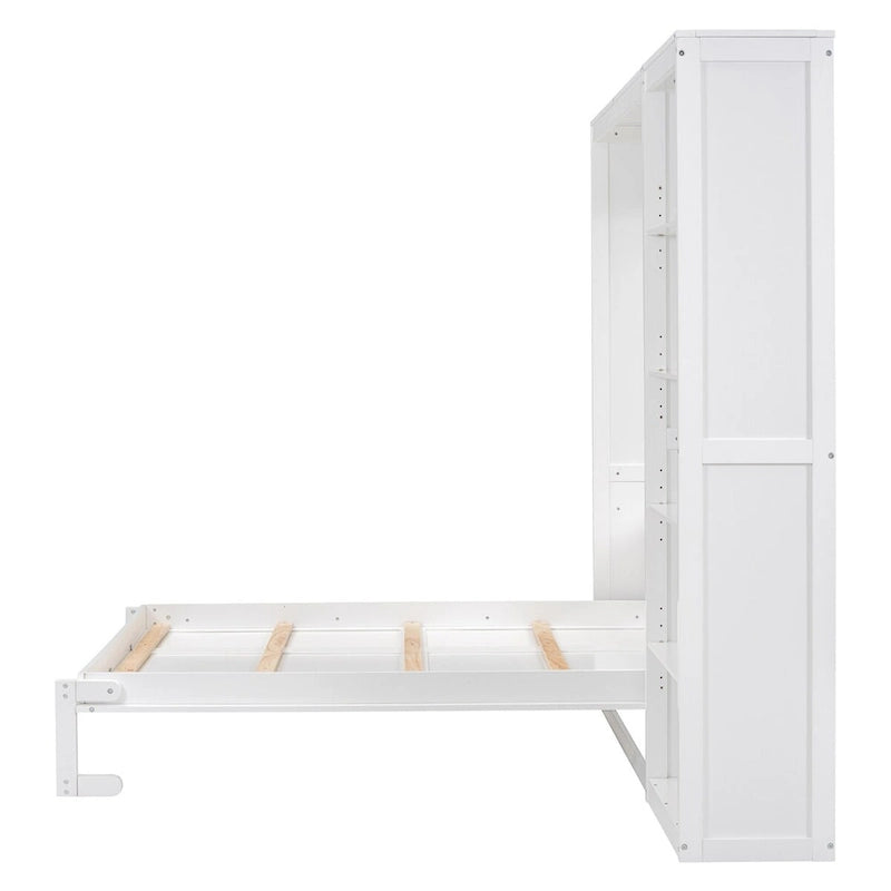 Cama de pared abatible gris/blanca de tamaño completo con estantes laterales, cama armario individual