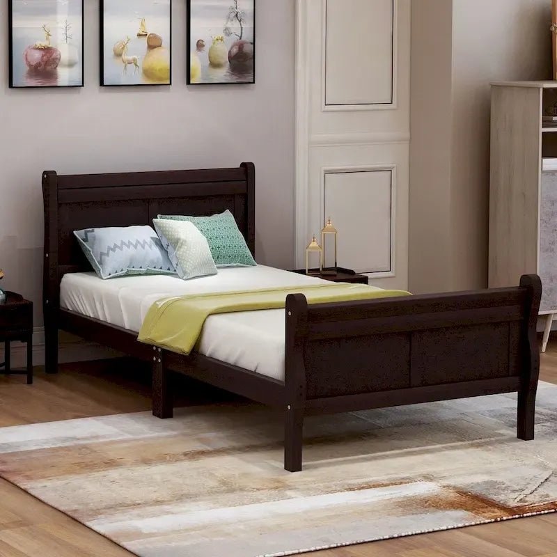 Cama de plataforma tipo trineo de madera Espresso / Blanca / Roble con cabecero y piecero – Individual / Matrimonial / Queen, para 1 persona