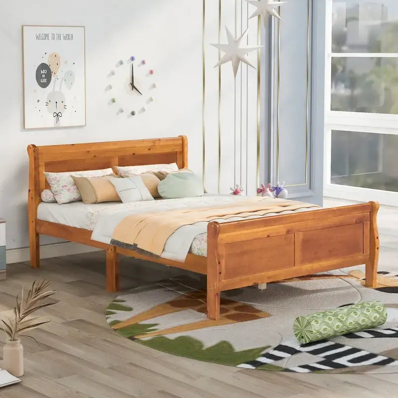 Cama de plataforma tipo trineo de madera Espresso / Blanca / Roble con cabecero y piecero – Individual / Matrimonial / Queen, para 1 persona