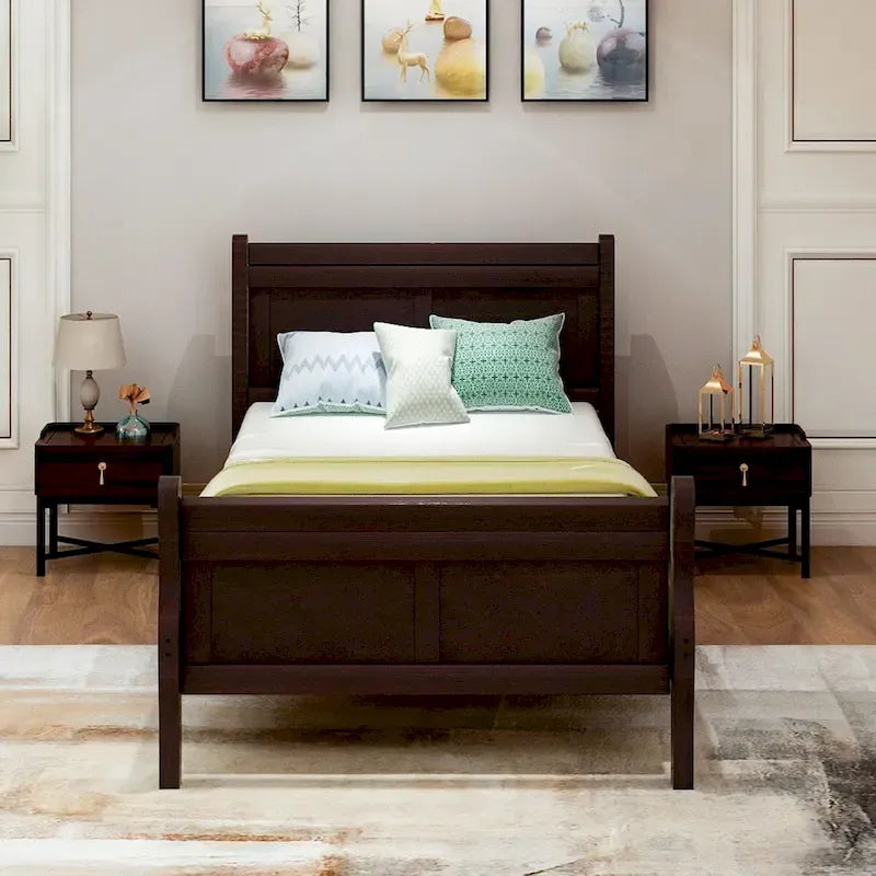 Cama de plataforma tipo trineo de madera Espresso / Blanca / Roble con cabecero y piecero – Individual / Matrimonial / Queen, para 1 persona