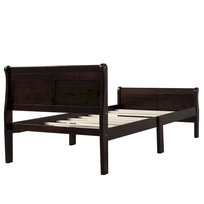 Cama de plataforma tipo trineo de madera Espresso / Blanca / Roble con cabecero y piecero – Individual / Matrimonial / Queen, para 1 persona