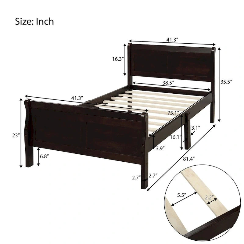 Cama de plataforma tipo trineo de madera Espresso / Blanca / Roble con cabecero y piecero – Individual / Matrimonial / Queen, para 1 persona