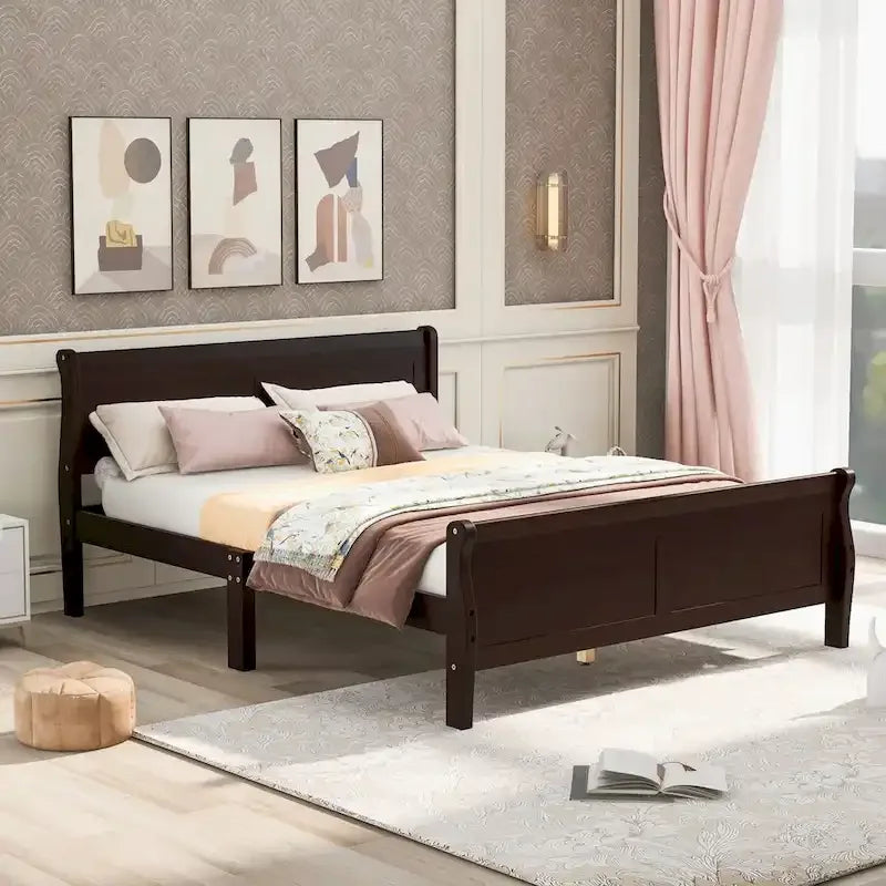 Cama de plataforma tipo trineo de madera Espresso / Blanca / Roble con cabecero y piecero – Individual / Matrimonial / Queen, para 1 persona