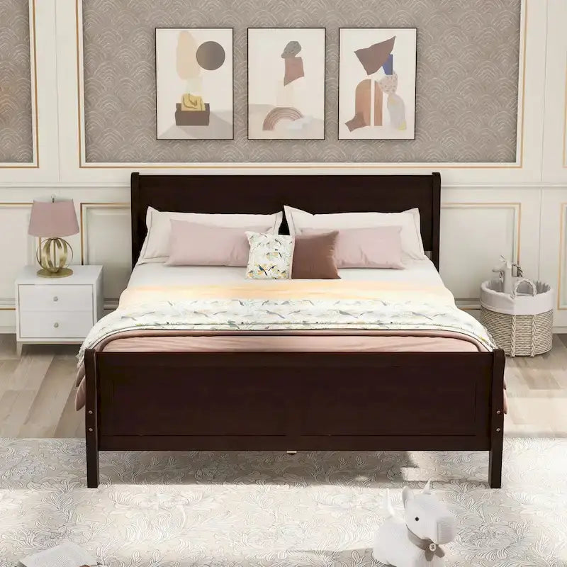 Cama de plataforma tipo trineo de madera Espresso / Blanca / Roble con cabecero y piecero – Individual / Matrimonial / Queen, para 1 persona