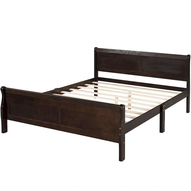 Cama de plataforma tipo trineo de madera Espresso / Blanca / Roble con cabecero y piecero – Individual / Matrimonial / Queen, para 1 persona