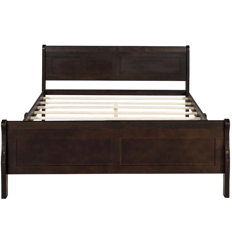 Cama de plataforma tipo trineo de madera Espresso / Blanca / Roble con cabecero y piecero – Individual / Matrimonial / Queen, para 1 persona