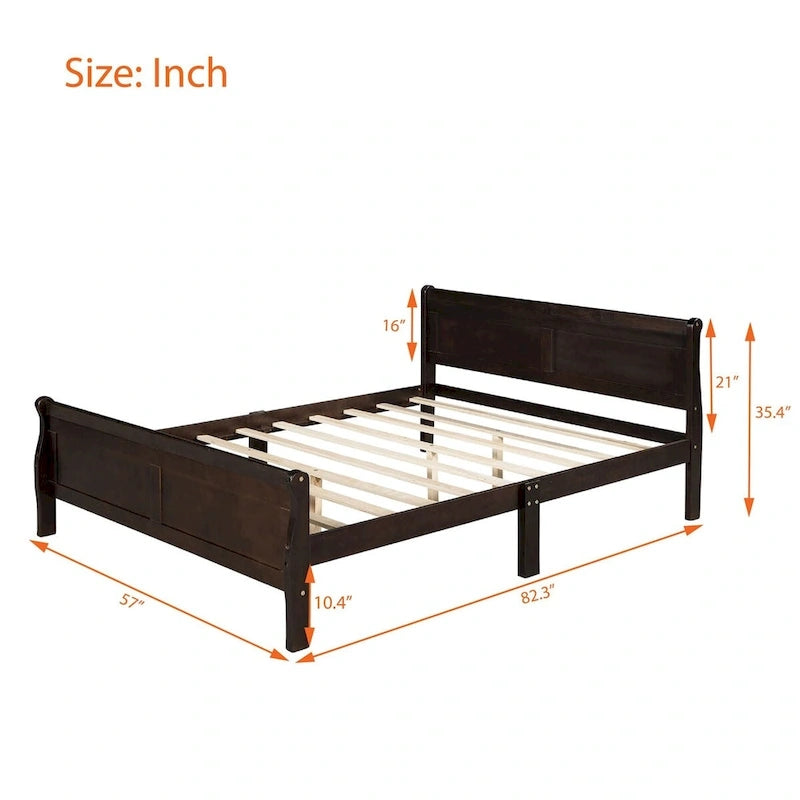 Cama de plataforma tipo trineo de madera Espresso / Blanca / Roble con cabecero y piecero – Individual / Matrimonial / Queen, para 1 persona