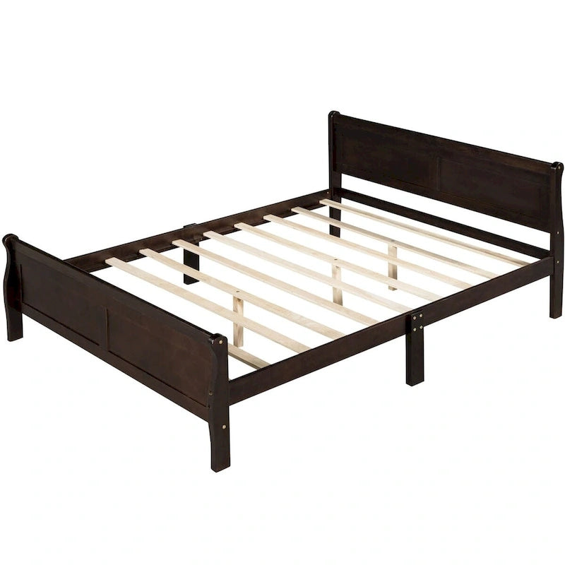 Cama de plataforma tipo trineo de madera Espresso / Blanca / Roble con cabecero y piecero – Individual / Matrimonial / Queen, para 1 persona