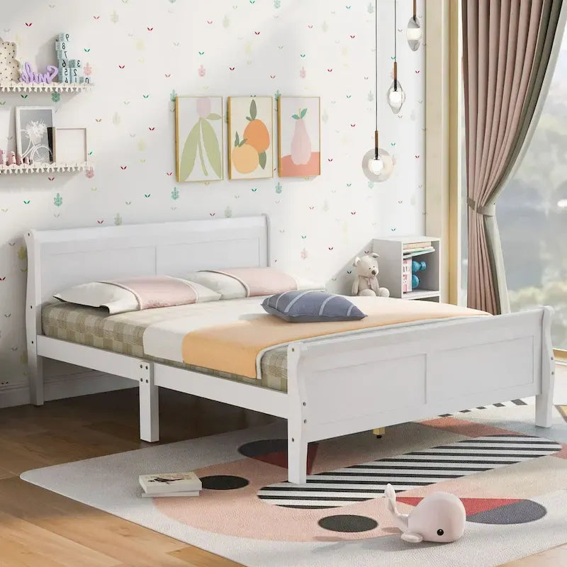 Cama de plataforma tipo trineo de madera Espresso / Blanca / Roble con cabecero y piecero – Individual / Matrimonial / Queen, para 1 persona