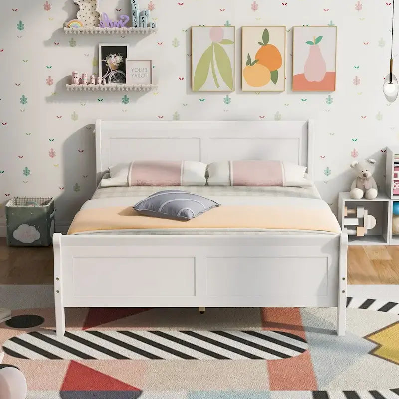 Cama de plataforma tipo trineo de madera Espresso / Blanca / Roble con cabecero y piecero – Individual / Matrimonial / Queen, para 1 persona
