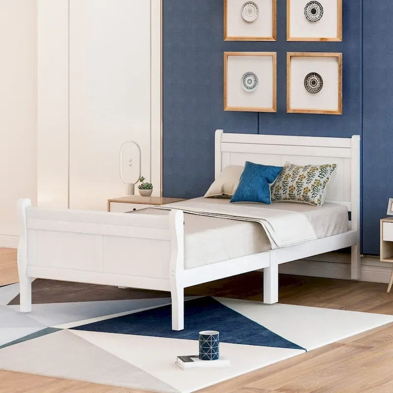 Cama de plataforma tipo trineo de madera Espresso / Blanca / Roble con cabecero y piecero – Individual / Matrimonial / Queen, para 1 persona