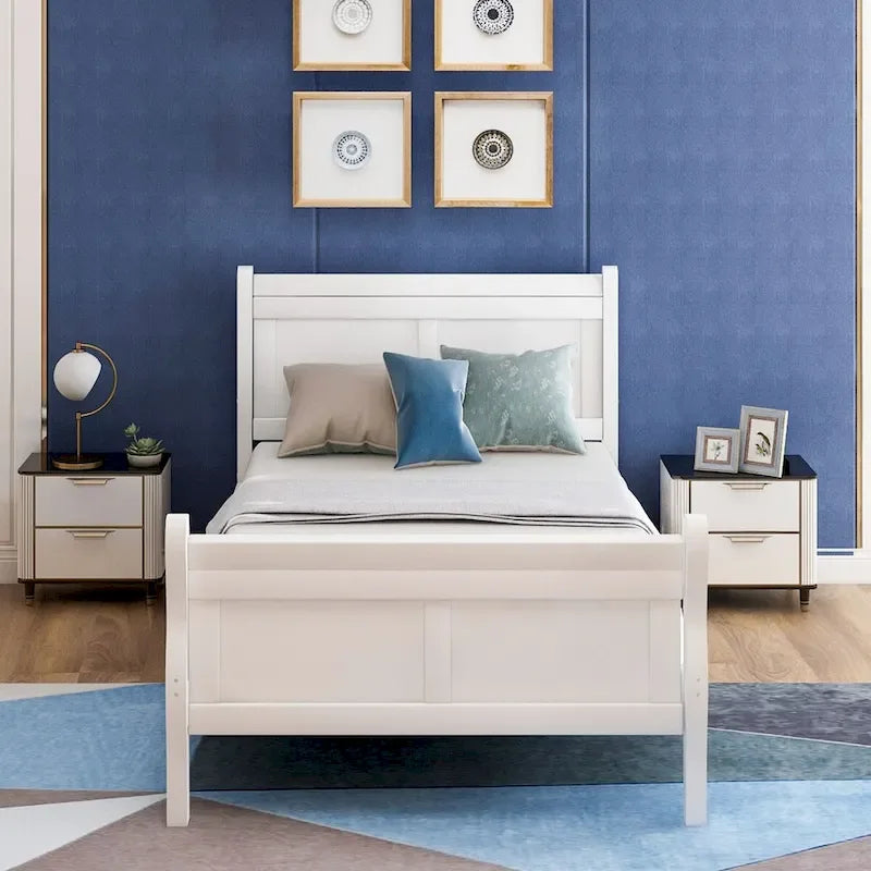 Cama de plataforma tipo trineo de madera Espresso / Blanca / Roble con cabecero y piecero – Individual / Matrimonial / Queen, para 1 persona