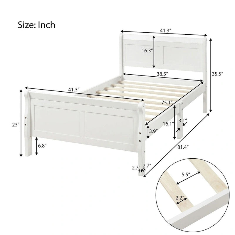 Cama de plataforma tipo trineo de madera Espresso / Blanca / Roble con cabecero y piecero – Individual / Matrimonial / Queen, para 1 persona