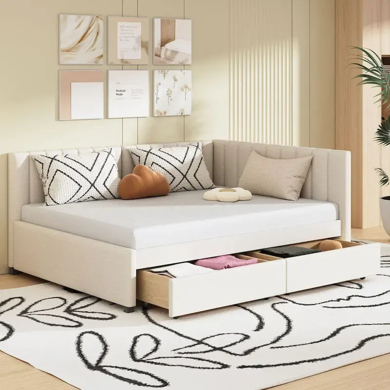 Cama Diván de Lino Beige Tamaño Completo con 2 Cajones de Almacenamiento, Para 2 Personas