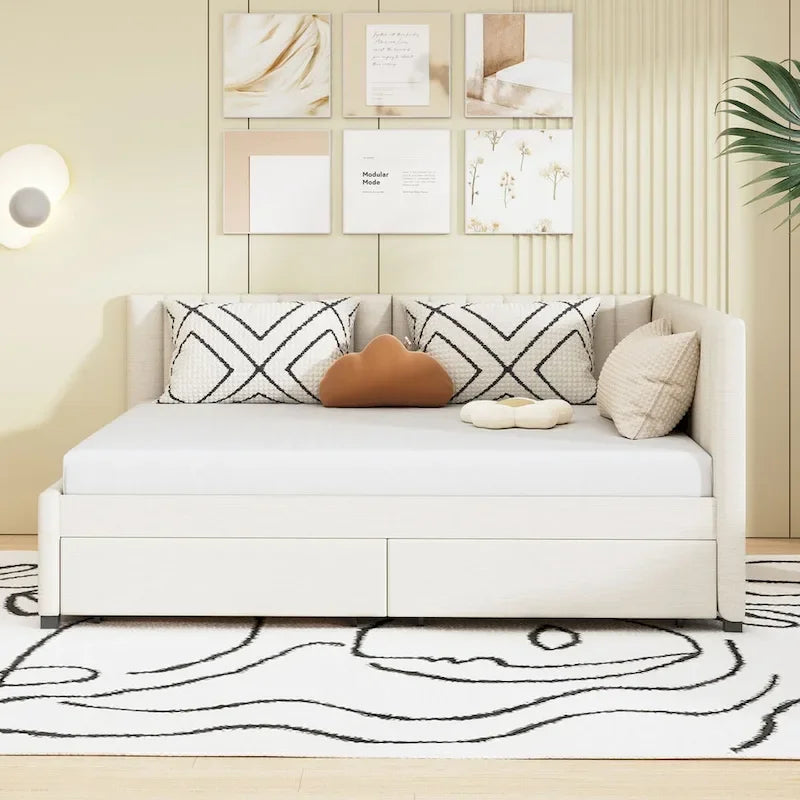 Cama Diván de Lino Beige Tamaño Completo con 2 Cajones de Almacenamiento, Para 2 Personas