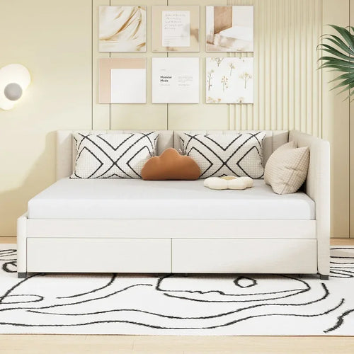 Cama Diván de Lino Beige Tamaño Completo con 2 Cajones de Almacenamiento, Para 2 Personas