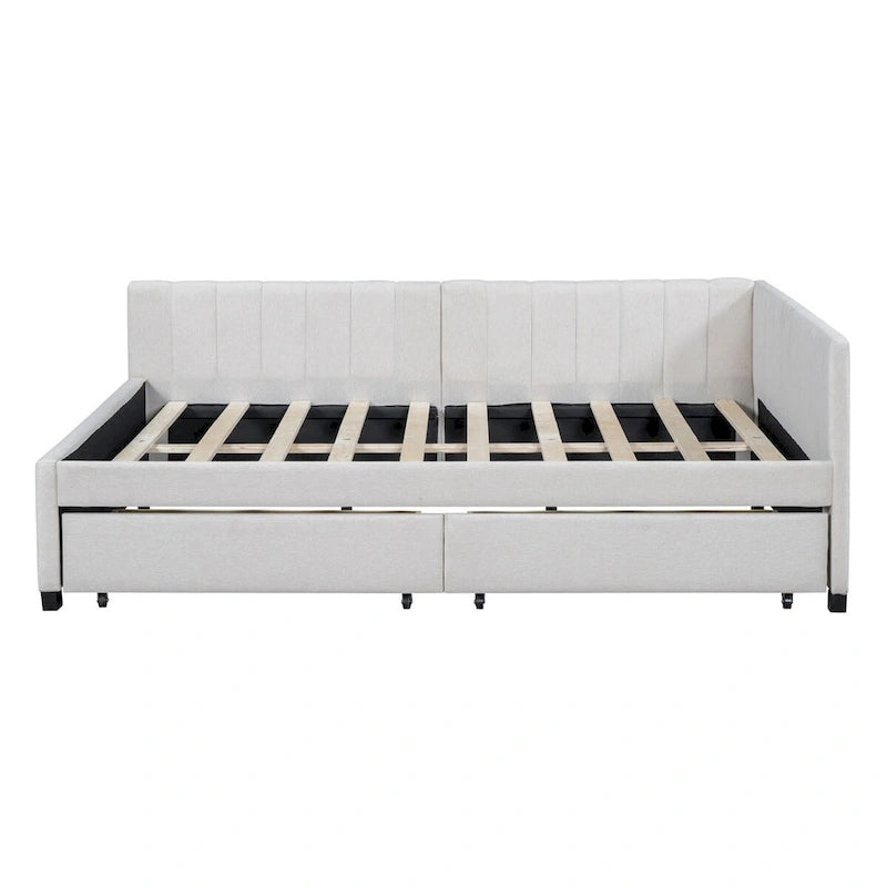 Cama Diván de Lino Beige Tamaño Completo con 2 Cajones de Almacenamiento, Para 2 Personas