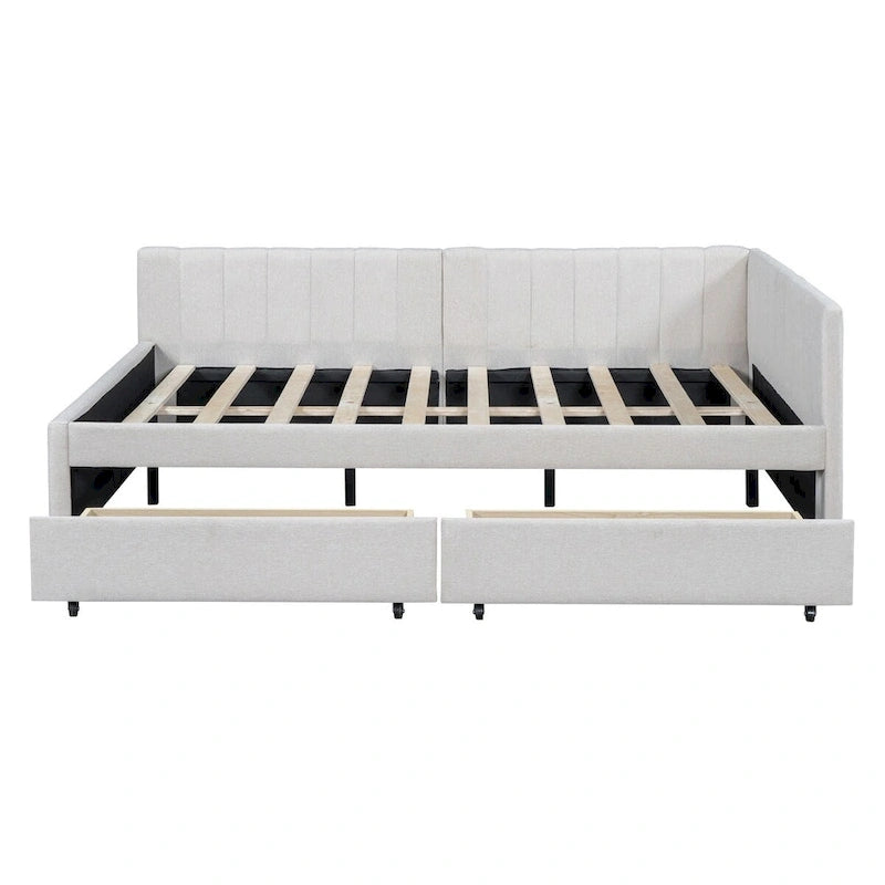 Cama Diván de Lino Beige Tamaño Completo con 2 Cajones de Almacenamiento, Para 2 Personas