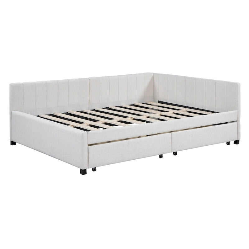 Cama Diván de Lino Beige Tamaño Completo con 2 Cajones de Almacenamiento, Para 2 Personas
