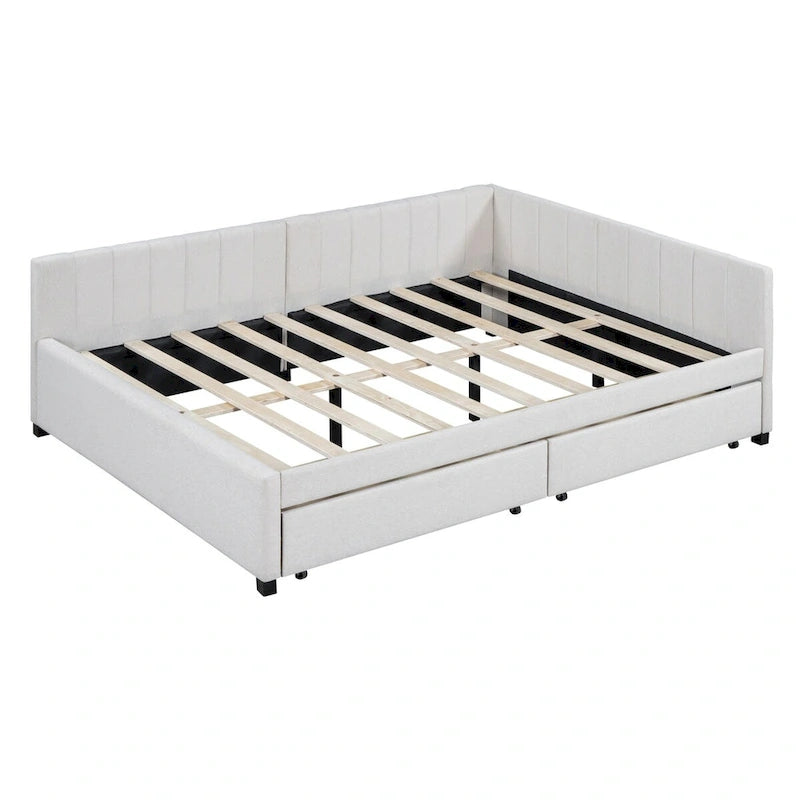 Cama Diván de Lino Beige Tamaño Completo con 2 Cajones de Almacenamiento, Para 2 Personas