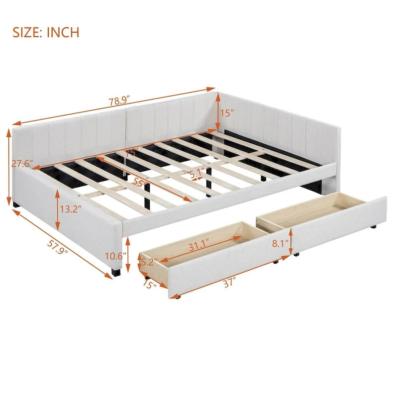 Cama Diván de Lino Beige Tamaño Completo con 2 Cajones de Almacenamiento, Para 2 Personas