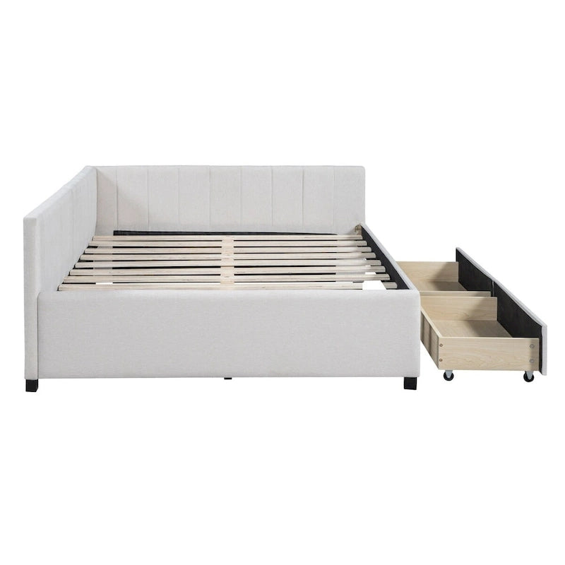 Cama Diván de Lino Beige Tamaño Completo con 2 Cajones de Almacenamiento, Para 2 Personas