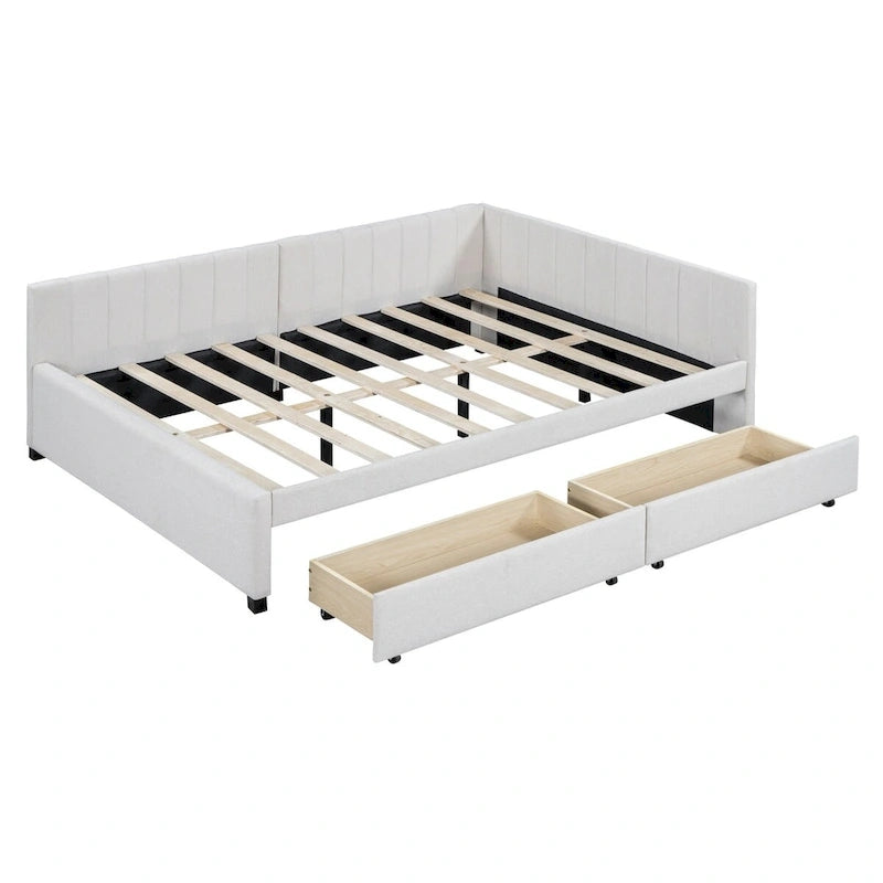 Cama Diván de Lino Beige Tamaño Completo con 2 Cajones de Almacenamiento, Para 2 Personas