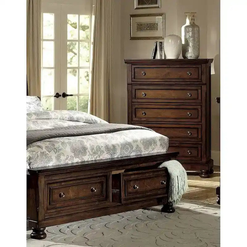 Juego de dormitorio de 3 piezas Brown Cherry – Cama tipo plataforma trineo, mesita de noche y cómoda (Full/Queen/King, 1-2 personas)