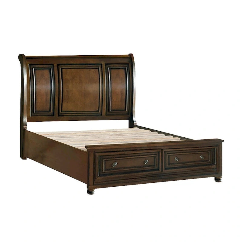 Juego de dormitorio de 3 piezas Brown Cherry – Cama tipo plataforma trineo, mesita de noche y cómoda (Full/Queen/King, 1-2 personas)