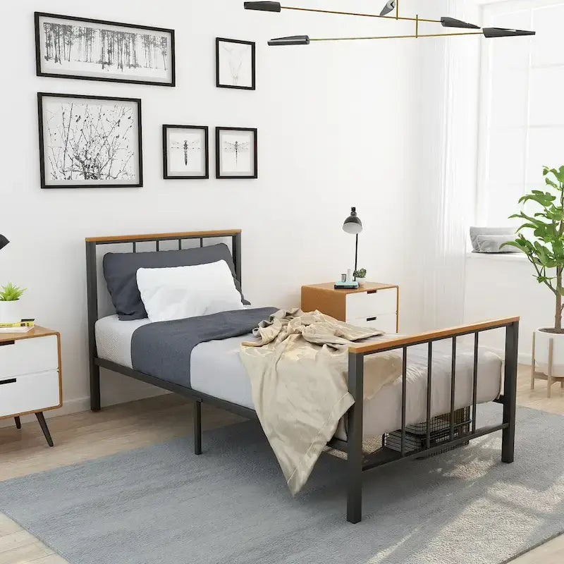 Base de cama con plataforma de metal negro con cabecera y pie de cama cruzados, individual/matrimonial/queen, 1-2 personas