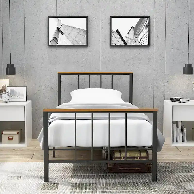 Base de cama con plataforma de metal negro con cabecera y pie de cama cruzados, individual/matrimonial/queen, 1-2 personas