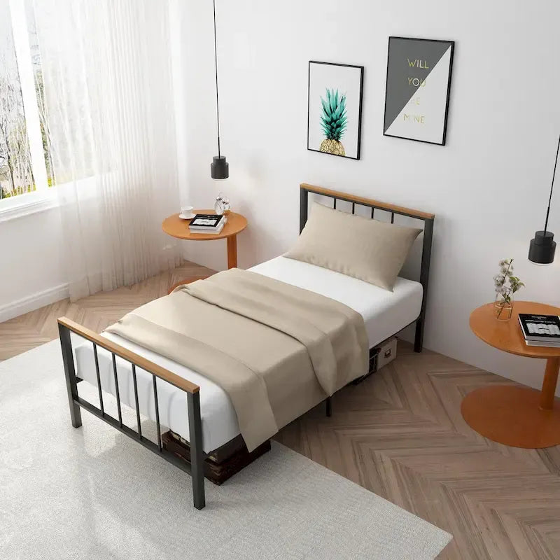 Base de cama con plataforma de metal negro con cabecera y pie de cama cruzados, individual/matrimonial/queen, 1-2 personas