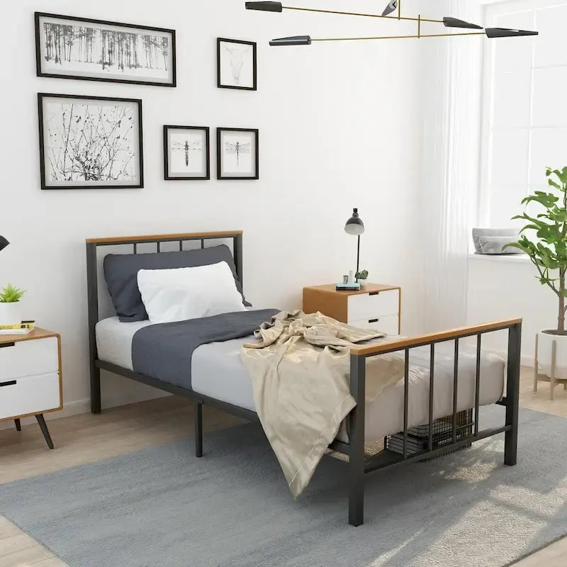 Base de cama con plataforma de metal negro con cabecera y pie de cama cruzados, individual/matrimonial/queen, 1-2 personas