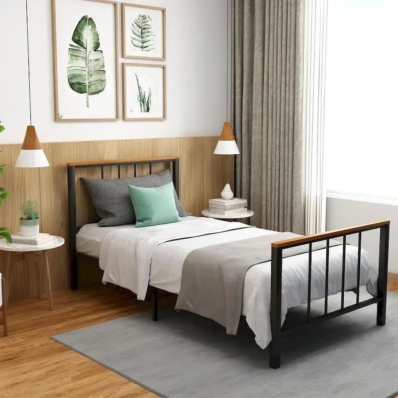 Base de cama con plataforma de metal negro con cabecera y pie de cama cruzados, individual/matrimonial/queen, 1-2 personas
