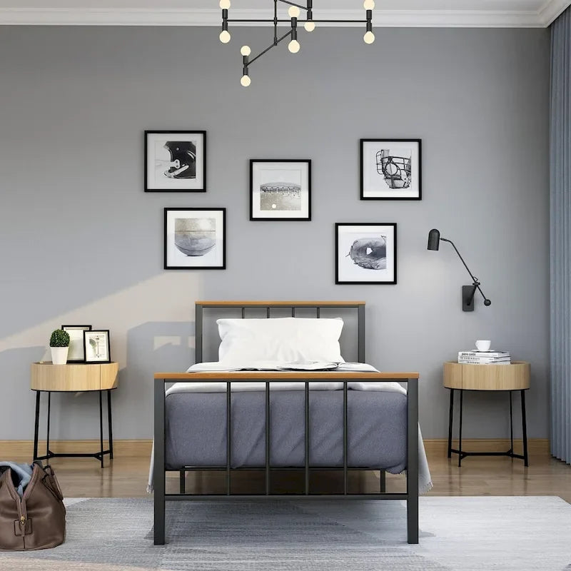 Base de cama con plataforma de metal negro con cabecera y pie de cama cruzados, individual/matrimonial/queen, 1-2 personas