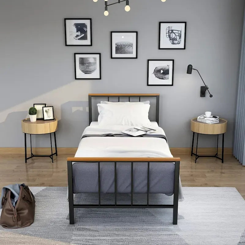 Base de cama con plataforma de metal negro con cabecera y pie de cama cruzados, individual/matrimonial/queen, 1-2 personas
