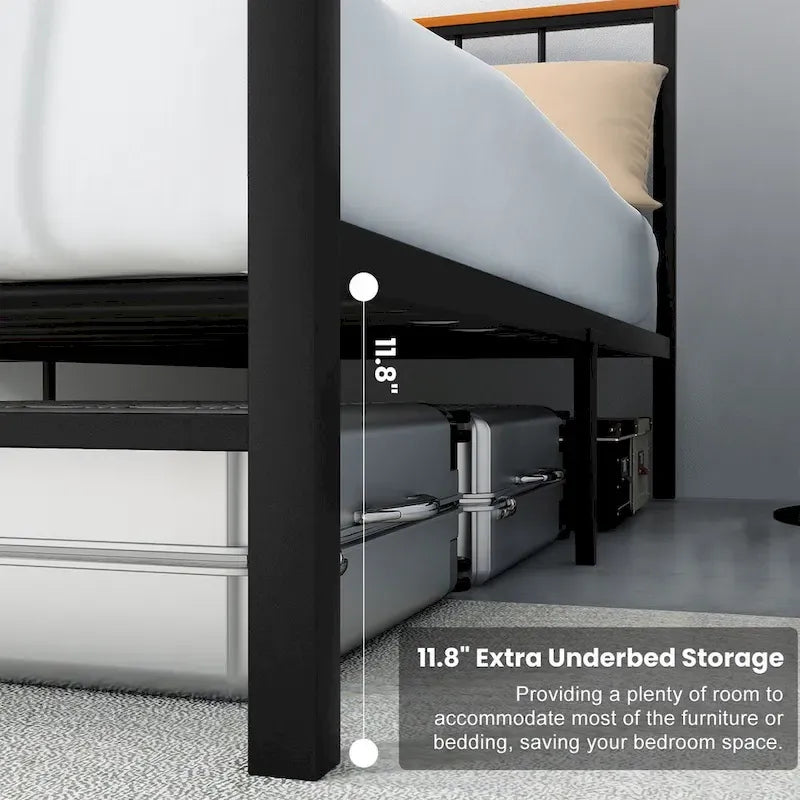 Base de cama con plataforma de metal negro con cabecera y pie de cama cruzados, individual/matrimonial/queen, 1-2 personas