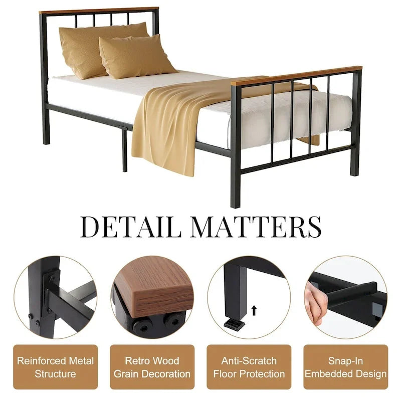 Base de cama con plataforma de metal negro con cabecera y pie de cama cruzados, individual/matrimonial/queen, 1-2 personas