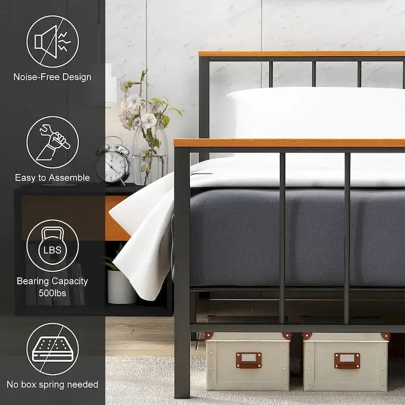 Base de cama con plataforma de metal negro con cabecera y pie de cama cruzados, individual/matrimonial/queen, 1-2 personas