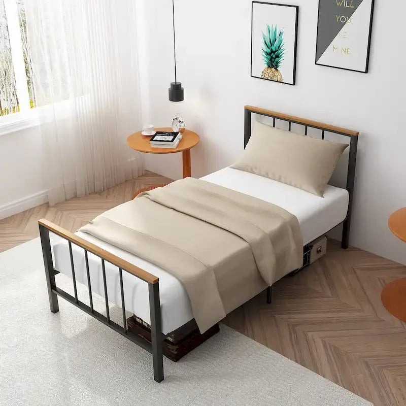 Base de cama con plataforma de metal negro con cabecera y pie de cama cruzados, individual/matrimonial/queen, 1-2 personas