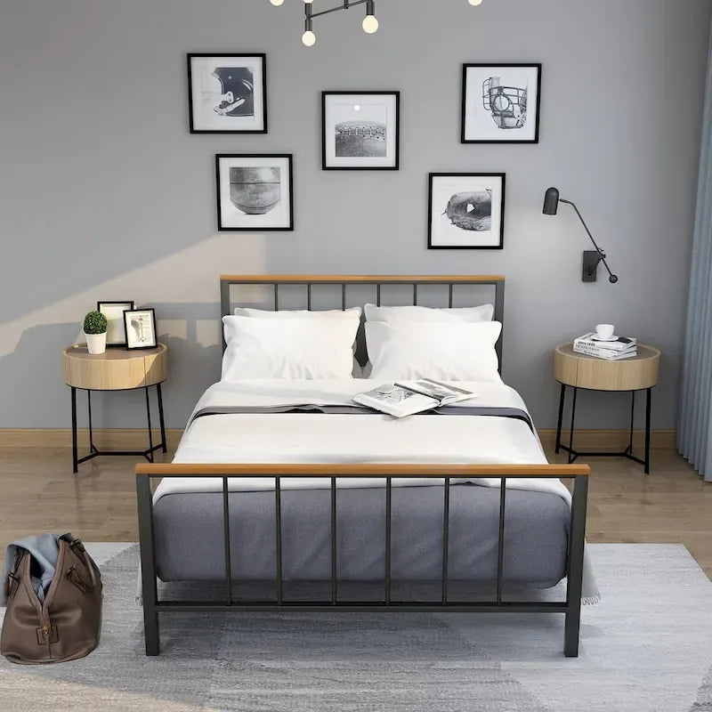 Base de cama con plataforma de metal negro con cabecera y pie de cama cruzados, individual/matrimonial/queen, 1-2 personas