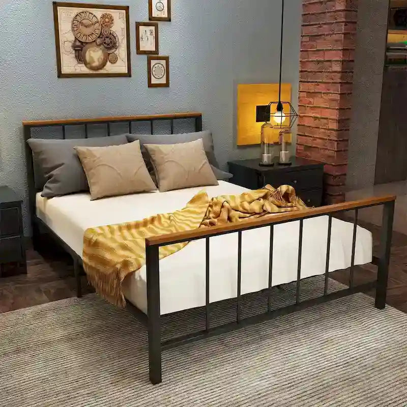 Base de cama con plataforma de metal negro con cabecera y pie de cama cruzados, individual/matrimonial/queen, 1-2 personas