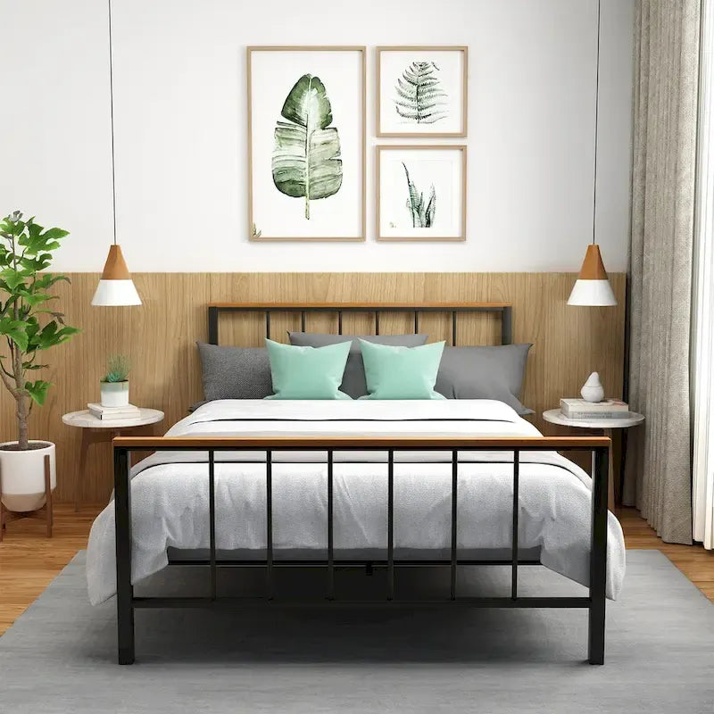 Base de cama con plataforma de metal negro con cabecera y pie de cama cruzados, individual/matrimonial/queen, 1-2 personas