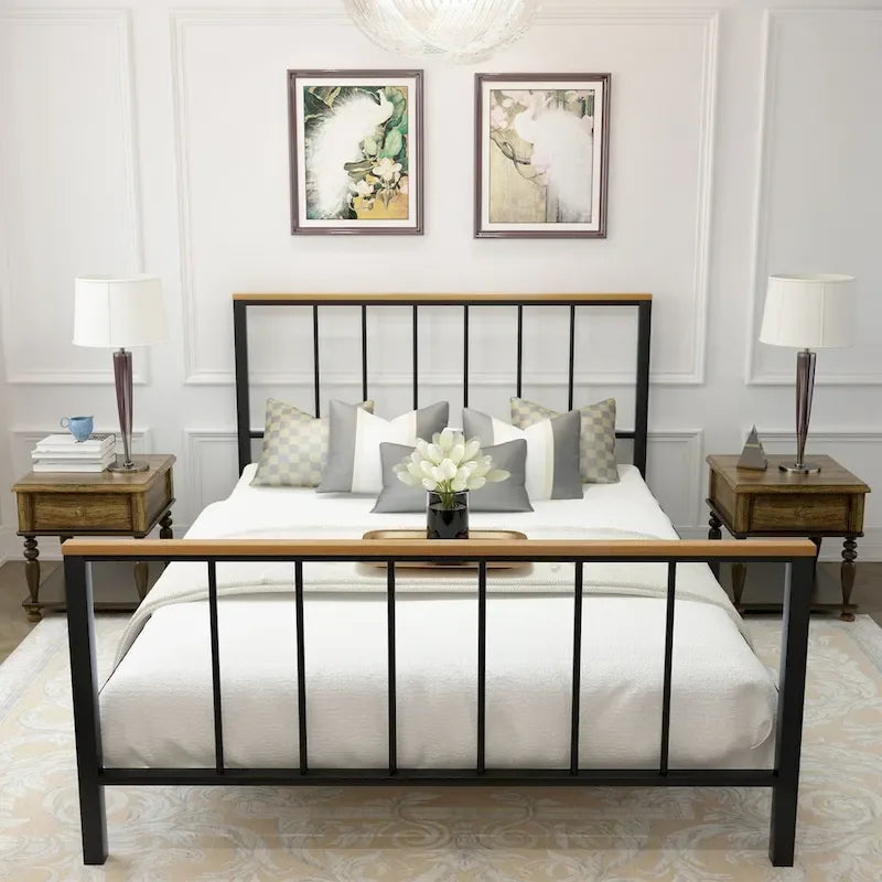 Base de cama con plataforma de metal negro con cabecera y pie de cama cruzados, individual/matrimonial/queen, 1-2 personas
