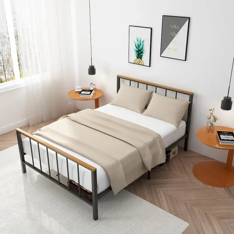 Base de cama con plataforma de metal negro con cabecera y pie de cama cruzados, individual/matrimonial/queen, 1-2 personas
