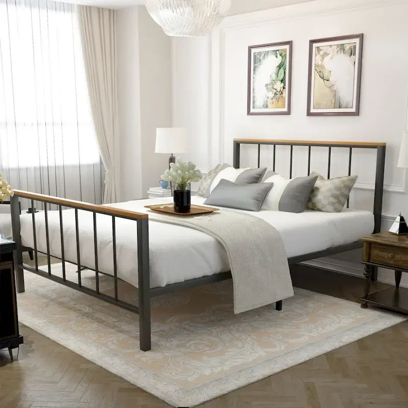 Base de cama con plataforma de metal negro con cabecera y pie de cama cruzados, individual/matrimonial/queen, 1-2 personas