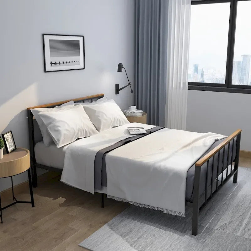 Base de cama con plataforma de metal negro con cabecera y pie de cama cruzados, individual/matrimonial/queen, 1-2 personas