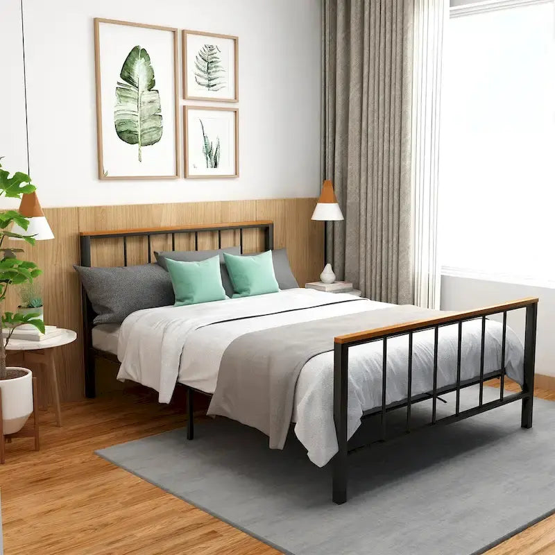 Base de cama con plataforma de metal negro con cabecera y pie de cama cruzados, individual/matrimonial/queen, 1-2 personas